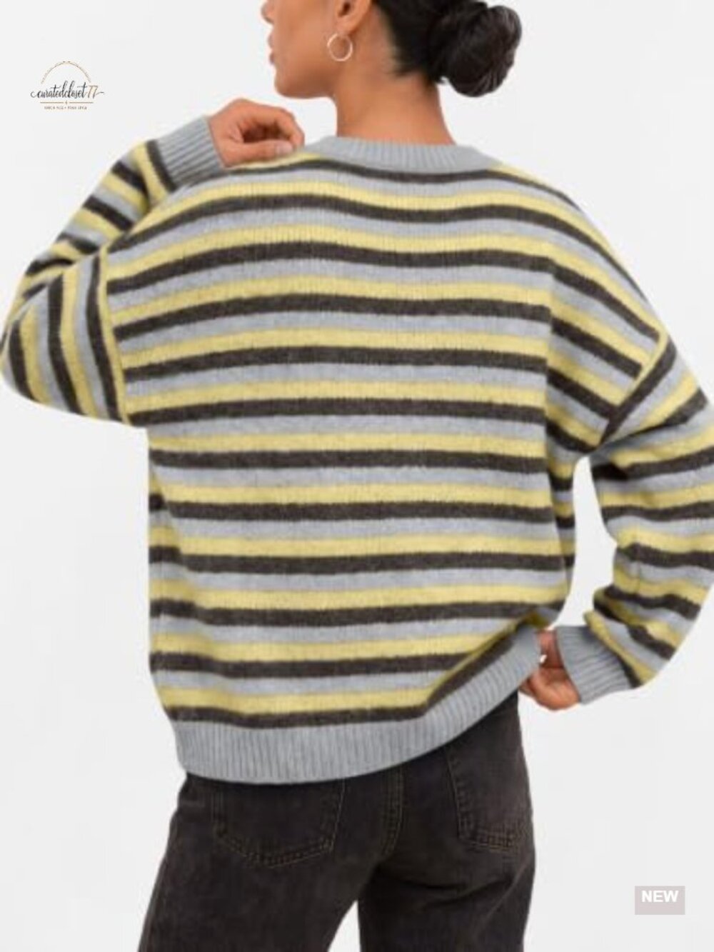 Women's Striped Oversized Knit Pullover Sweater Crew Neck Long Sleeve - Picture 3 of 5